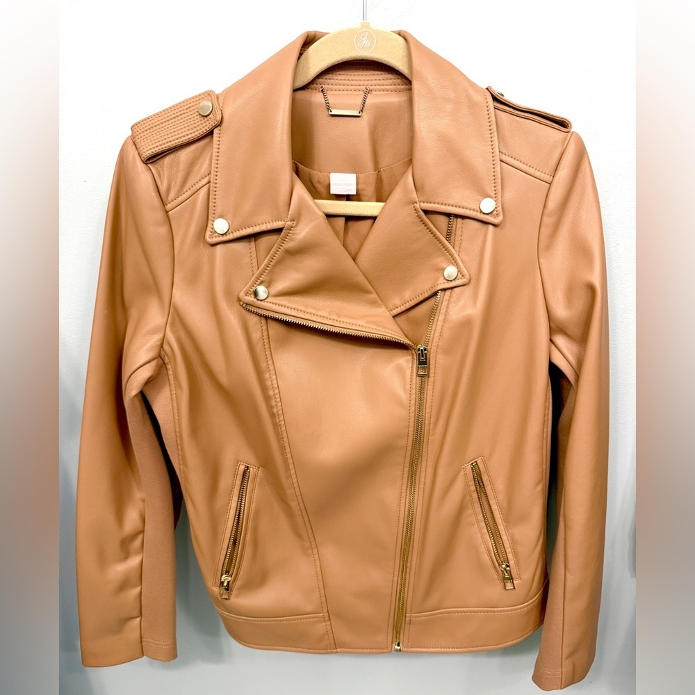 Chico’s Women's Tan Faux Leather Moto Jacket